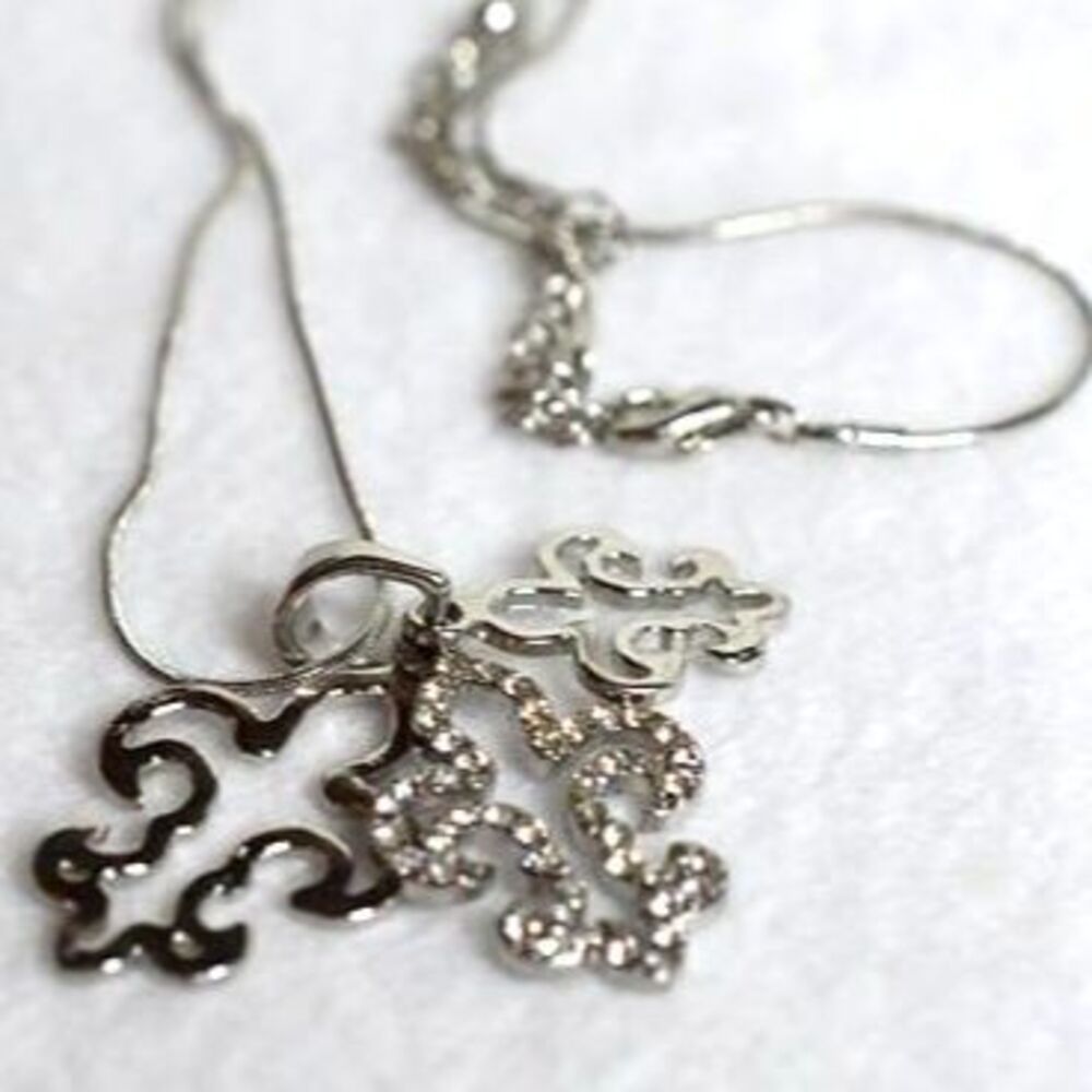 Rare Unique Fleur-De-Lis Triple Layer Rhinestone Silver Tone Pendant 16" Necklac